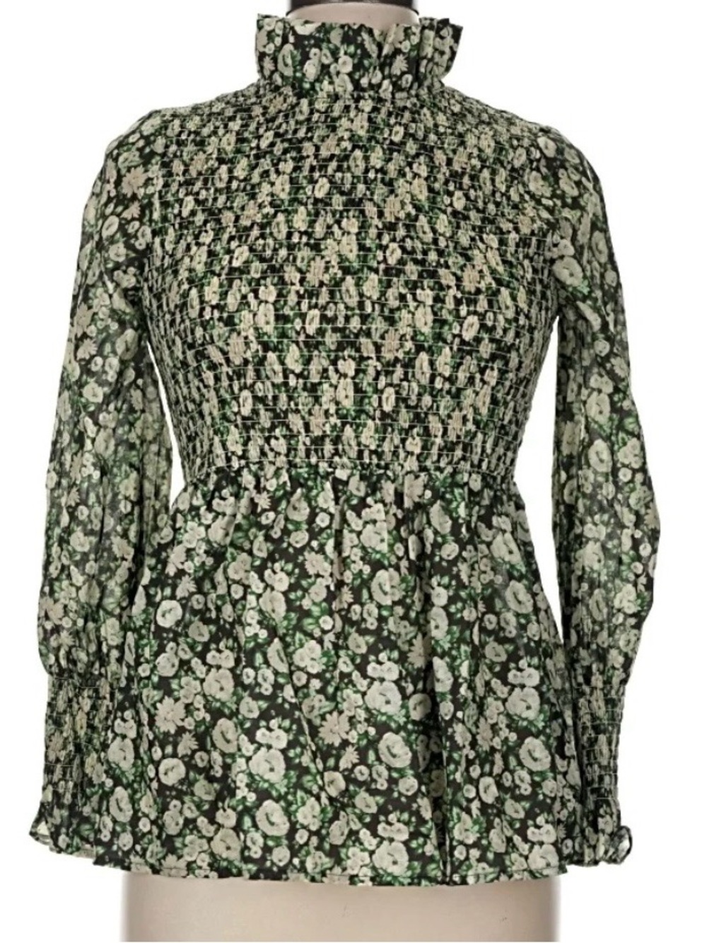 Tuckernuck xs Smocked High-Neck Floral Peplum Blouse - Green & Cream